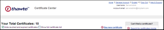 Thawte Certificate Center navigation